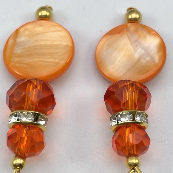 Orange Mother Of Pearl Disc Glass Beaded Gold Tone Earrings Dangle Rhinestones - Picture 4 of 6